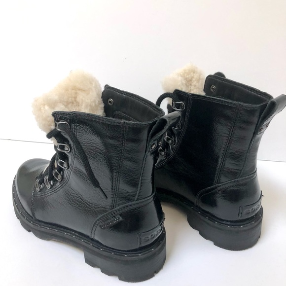 Women’s Sorel Lennox Cozy Sherpa Lace Black Patent Leather Chunky Boots US 7 - Picture 4 of 12